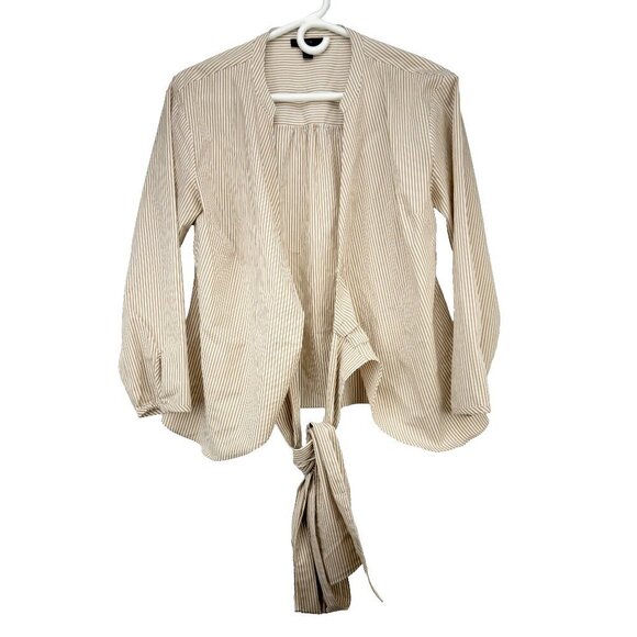 J. CREW *NWOT Tie Waist Wrap Mandarin Collar White & Moka Brown Striped Blouse S - Picture 2 of 6